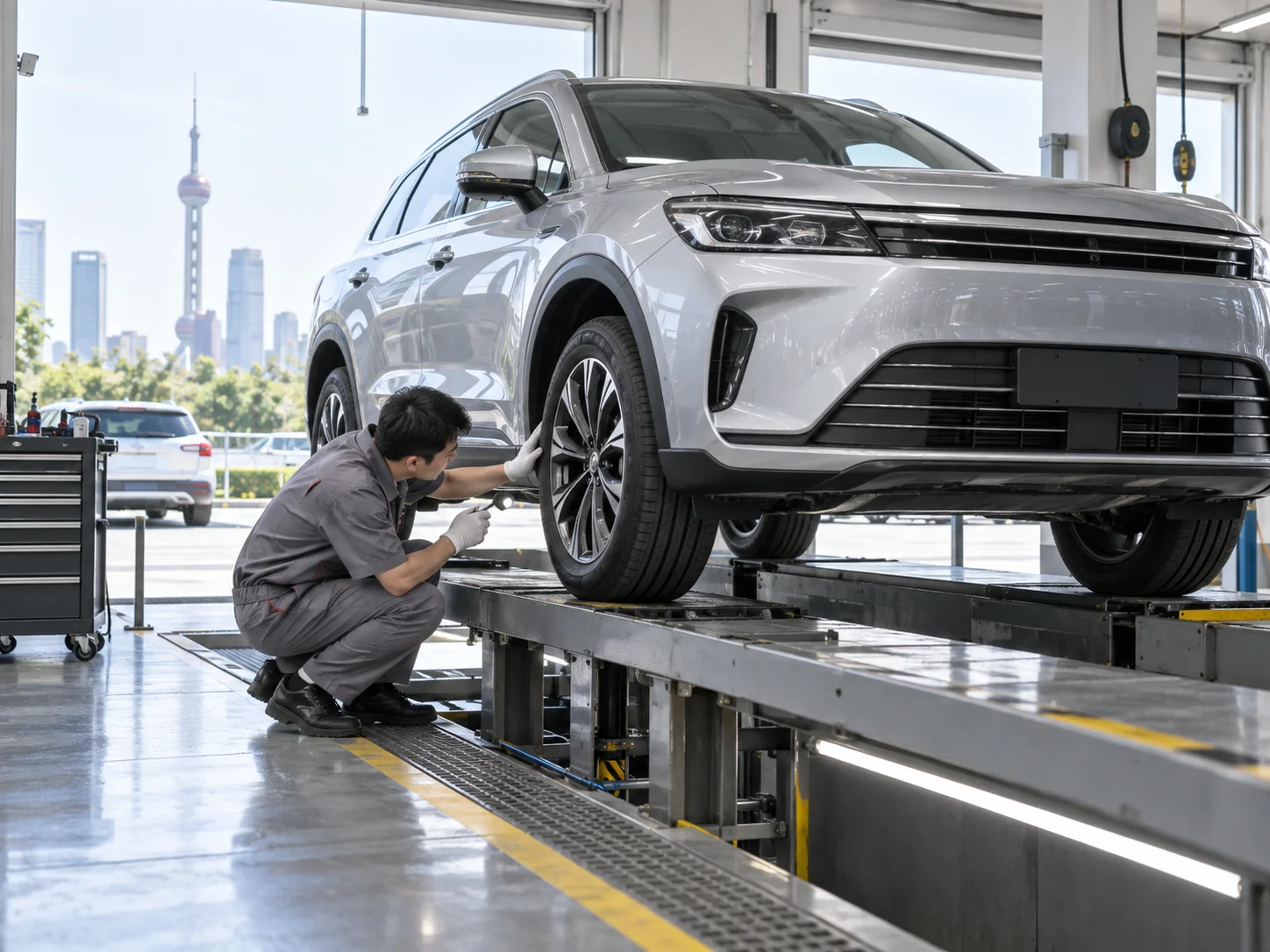 Vehicle in an inspection bay